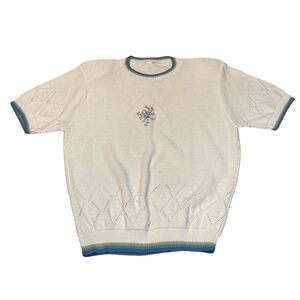 Vintage Cream Grandma Summer Sweater, embroidered flowers, L